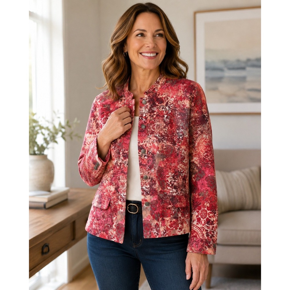 Christopher & Banks Women XL Artisan Boho Print Jacket Button Front Stretch Y2K